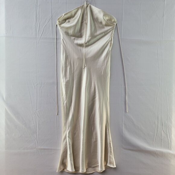 NWT MESHKI Ivana Ivory Sand Satin Halter Slinky Backless Mini Dress Tieback M - Picture 9 of 12